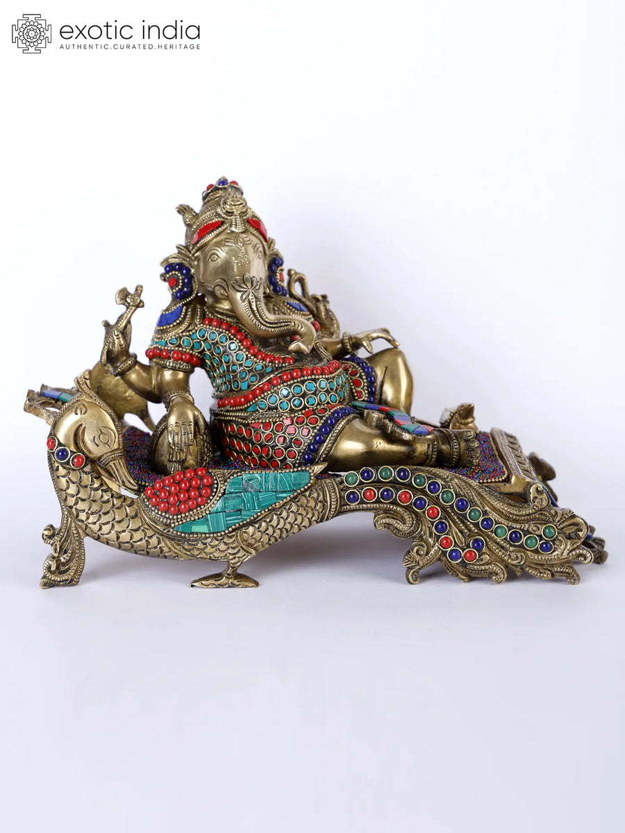 11" Lord Ganesha Brass Statue with Inlay Work Handmade