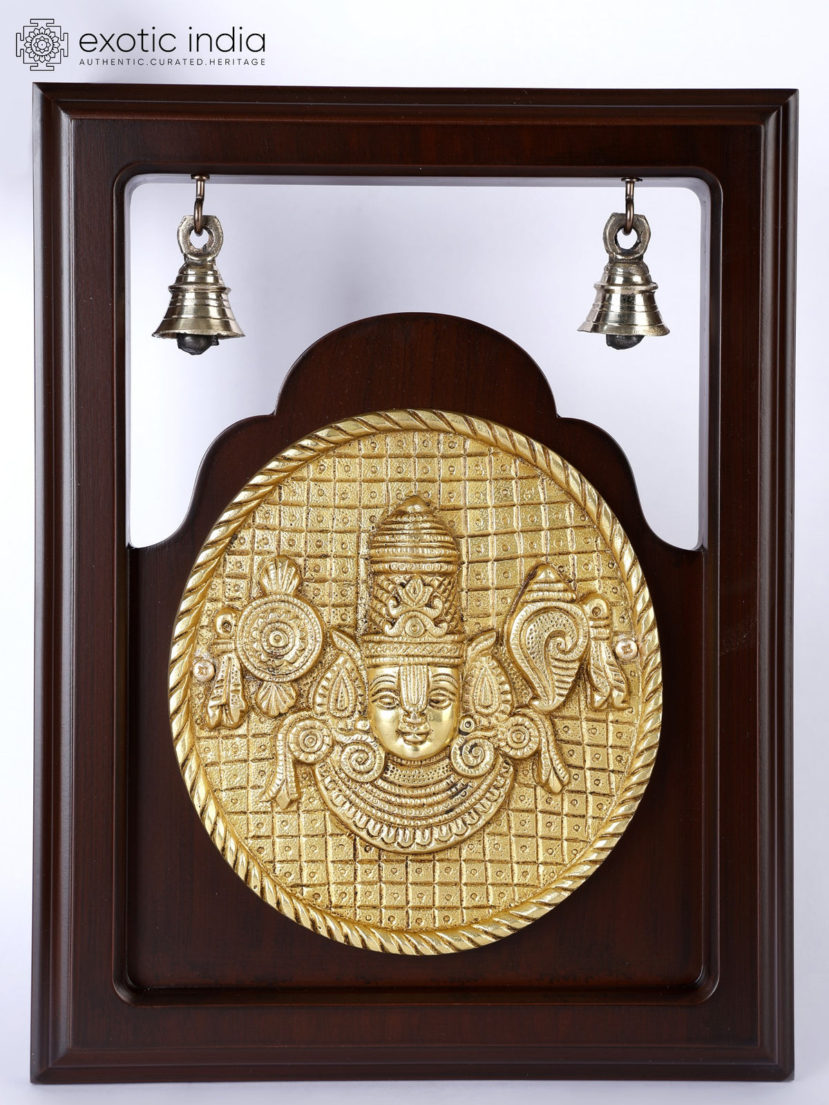 12" Brass Tirupati Balaji Wall Hanging with Bells and Wood Frame