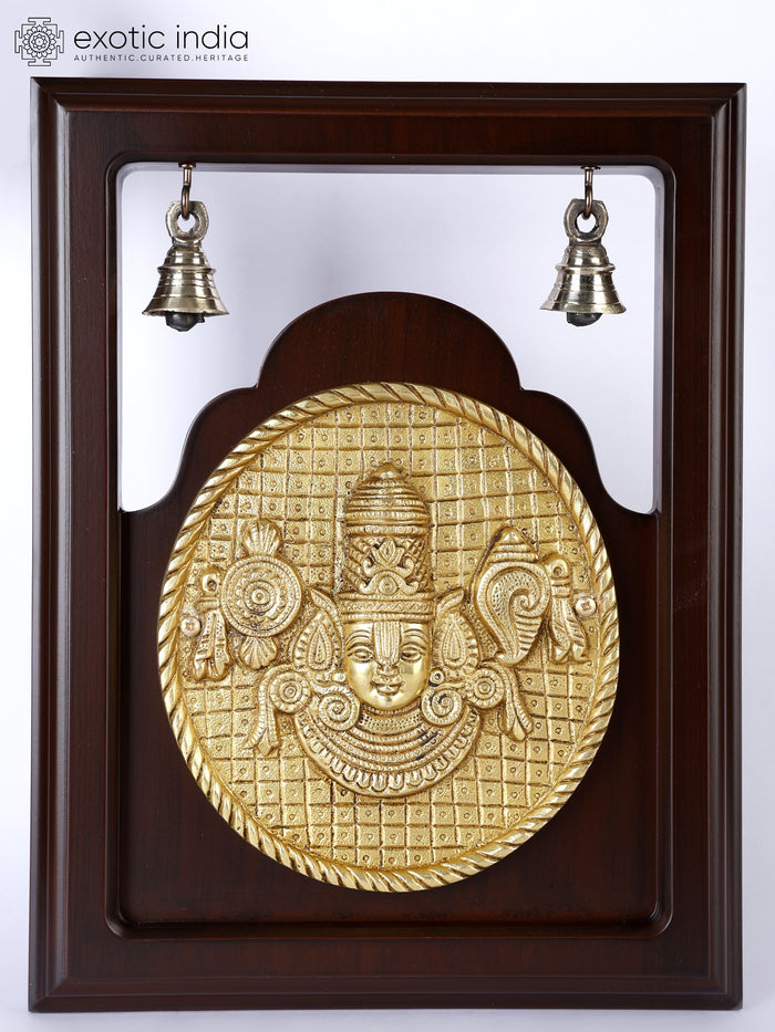 12" Brass Tirupati Balaji Wall Hanging with Bells and Wood Frame