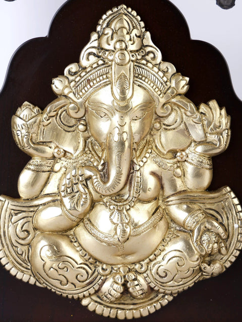 12" Blessing Lord Ganesha Wall Hanging Fame with Bells | Brass and Wood
