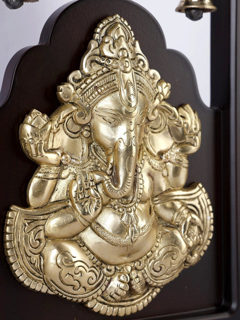 12" Blessing Lord Ganesha Wall Hanging Fame with Bells | Brass and Wood