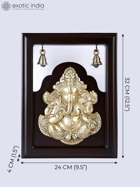 12" Blessing Lord Ganesha Wall Hanging Fame with Bells | Brass and Wood