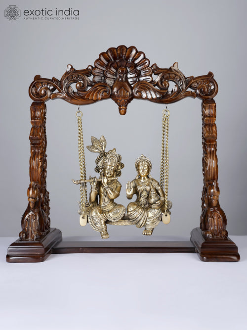 20" Radha-Krishna Swing Statue Brass and Wood Handmade