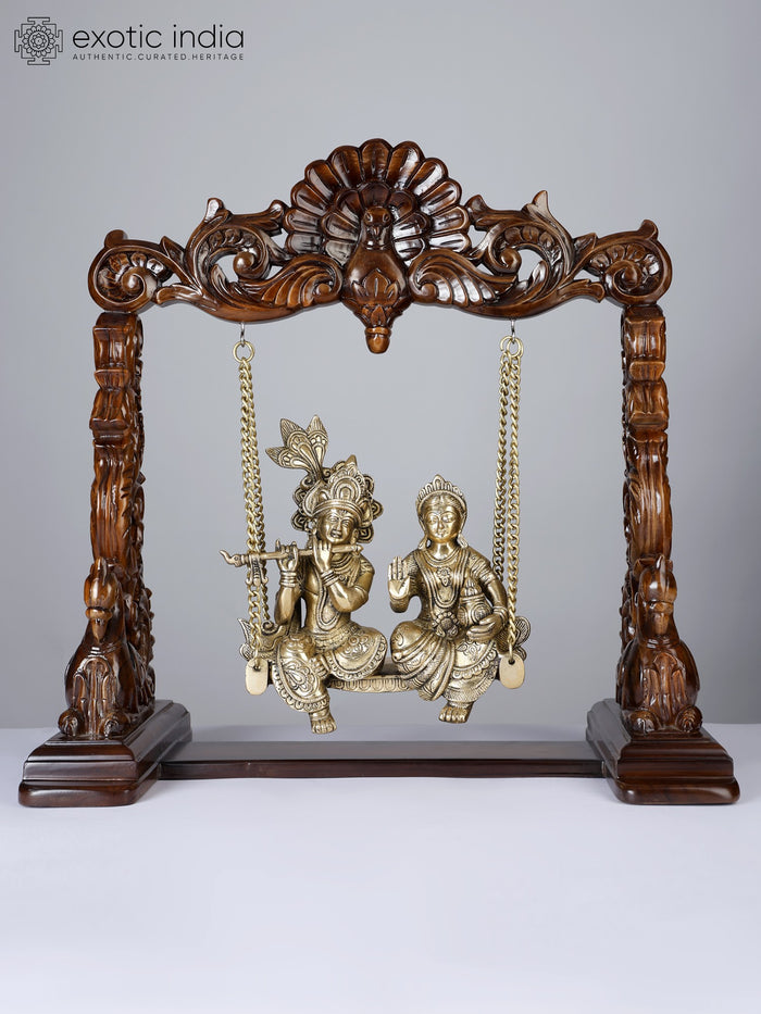 20" Radha-Krishna Swing Statue Brass and Wood Handmade