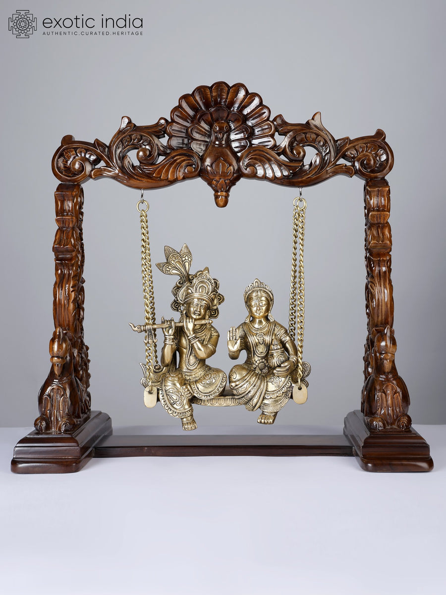 20" Radha-Krishna Swing Statue Brass and Wood Handmade