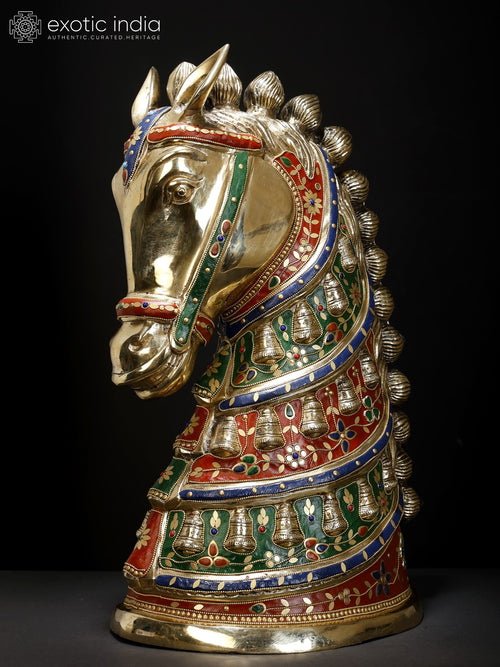 21" Horse Head Brass Statue with Stone Inlay Handmade
