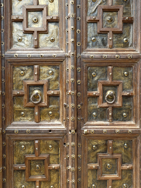 88" Large Vintage Indian Door with Brass and Iron Work | Home Temple Decor