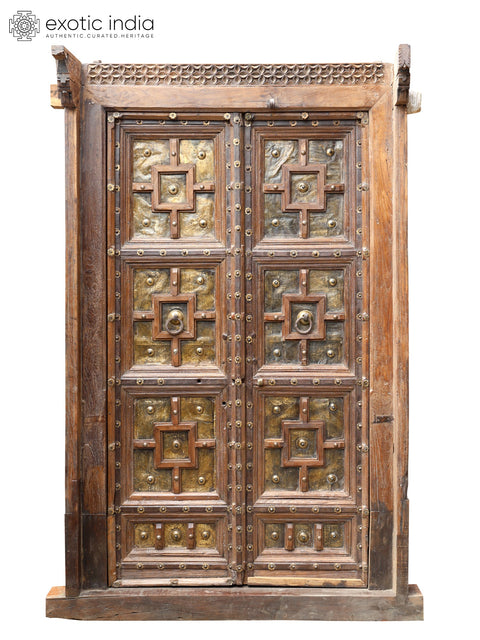 88" Large Vintage Indian Door with Brass and Iron Work | Home Temple Decor