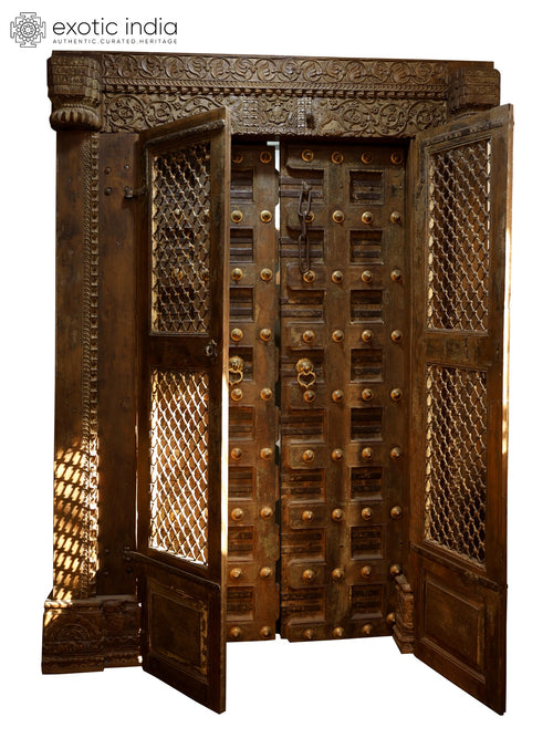 86" Large Vintage Jodhpur Double Door Brass Frame Home Temple Decor