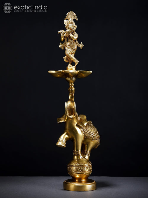 17" Brass Krishna Elephant Oil Lamp with Five Wicks