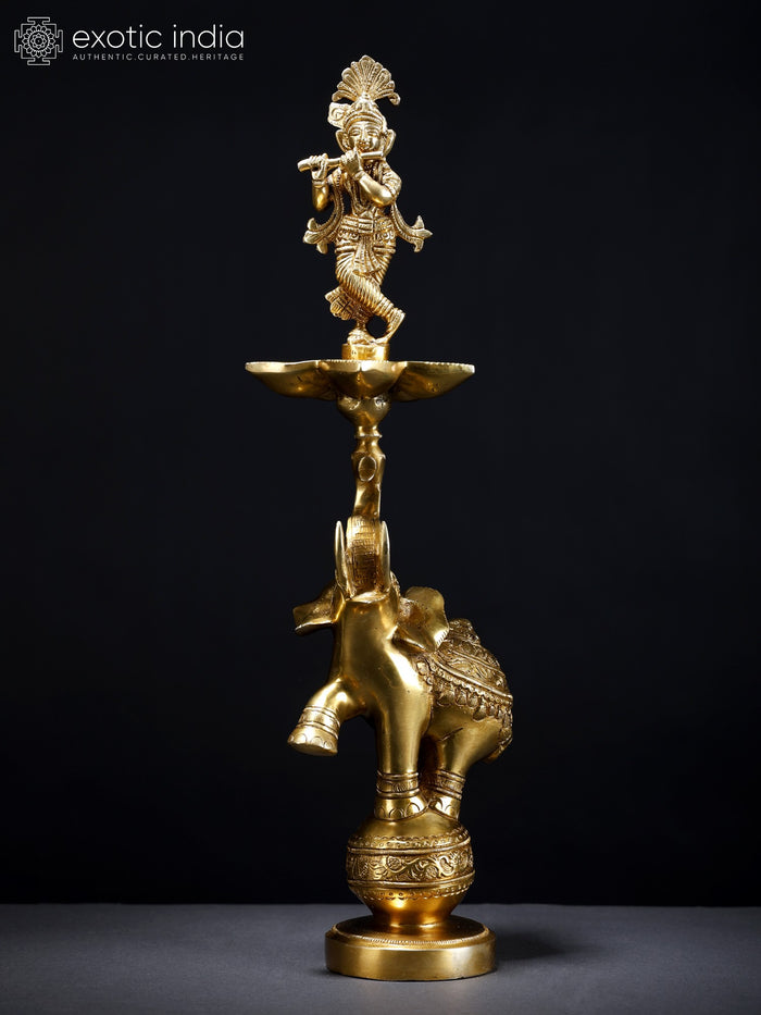 17" Brass Krishna Elephant Oil Lamp with Five Wicks