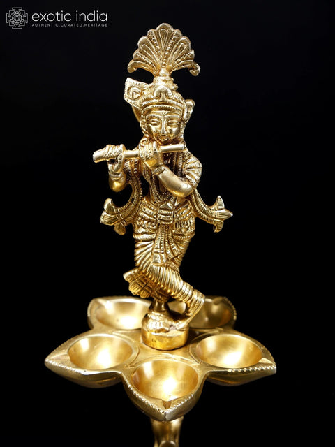 17" Brass Fluting Krishna Five Wicks Lamp on Elephant