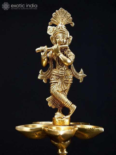 17" Brass Fluting Krishna Five Wicks Lamp on Elephant