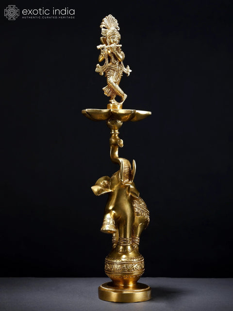 17" Brass Fluting Krishna Five Wicks Lamp on Elephant