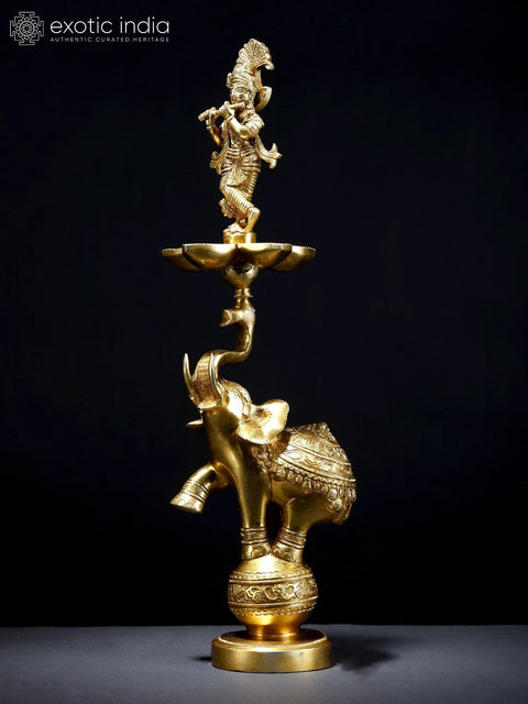 17" Brass Fluting Krishna Five Wicks Lamp on Elephant