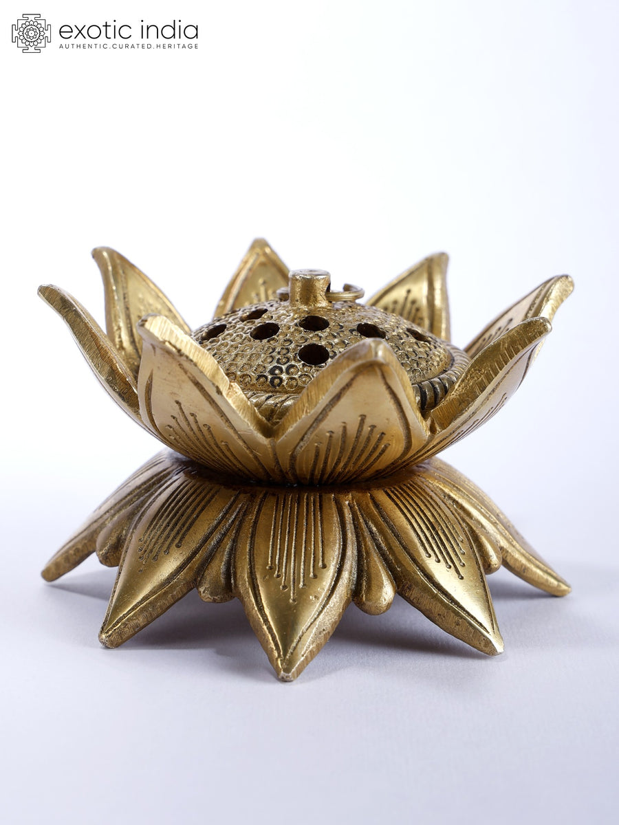 4" Lotus Design Brass Dhoop Dani for Pooja