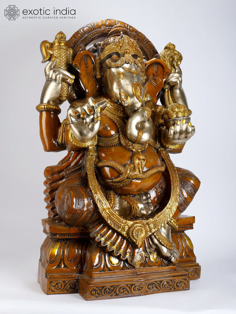 39” Chaturbhuja Lord Ganesha Brass Statue | Religious Figurines