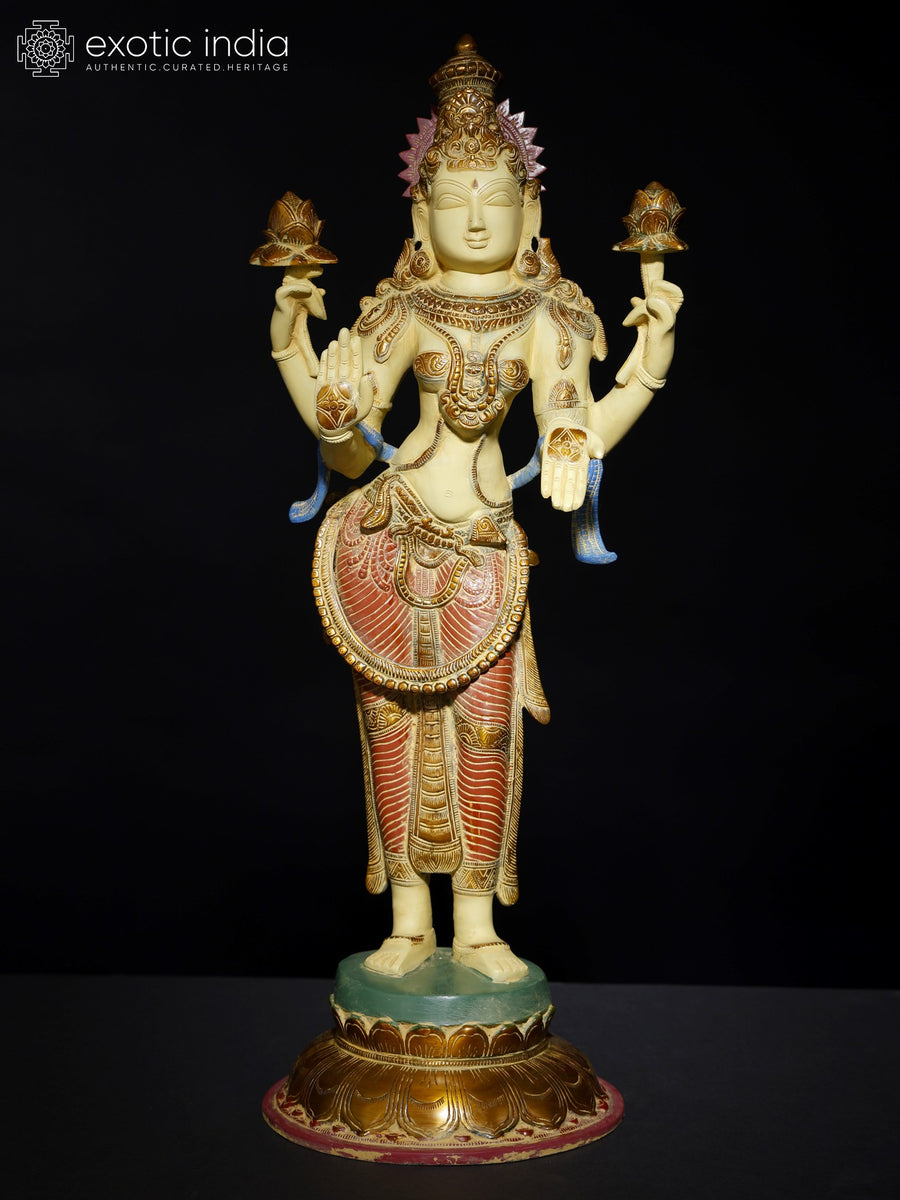 24" Standing Goddess Lakshmi Brass Statue with Blessing Gesture