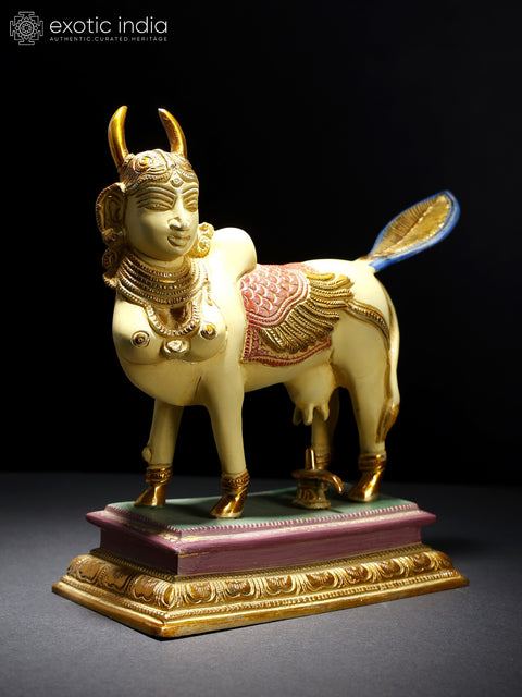 8" Colorful Kamadhenu Cow Doing Abhisheka of Shiva Linga with Her Milk | Brass Statue