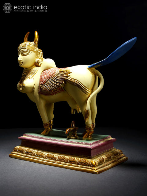 8" Colorful Kamadhenu Cow Doing Abhisheka of Shiva Linga with Her Milk | Brass Statue