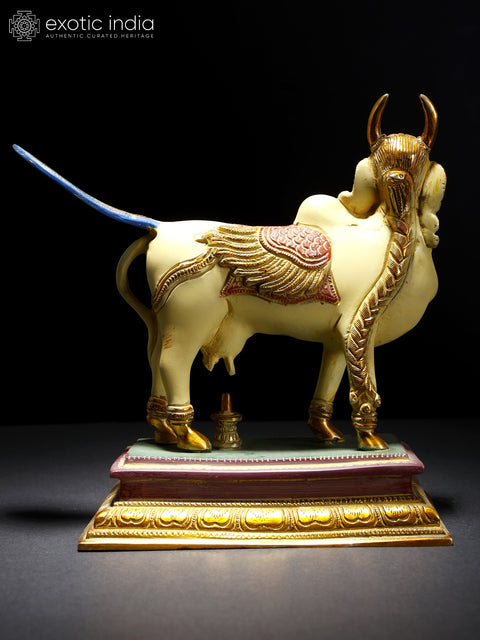8" Colorful Kamadhenu Cow Doing Abhisheka of Shiva Linga with Her Milk | Brass Statue