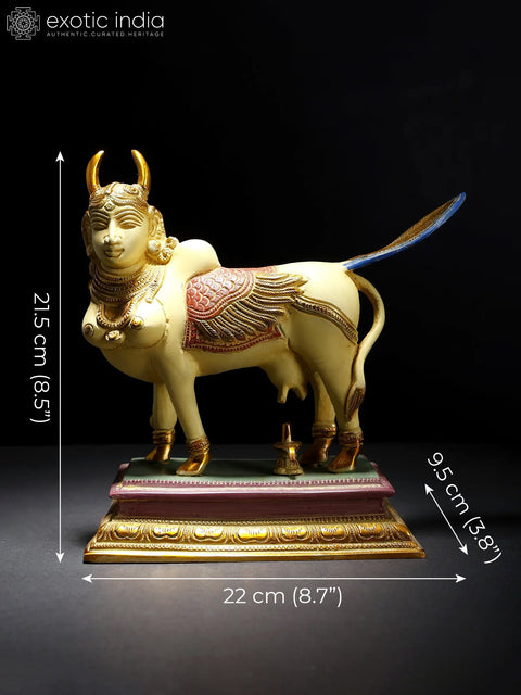 8" Colorful Kamadhenu Cow Doing Abhisheka of Shiva Linga with Her Milk | Brass Statue