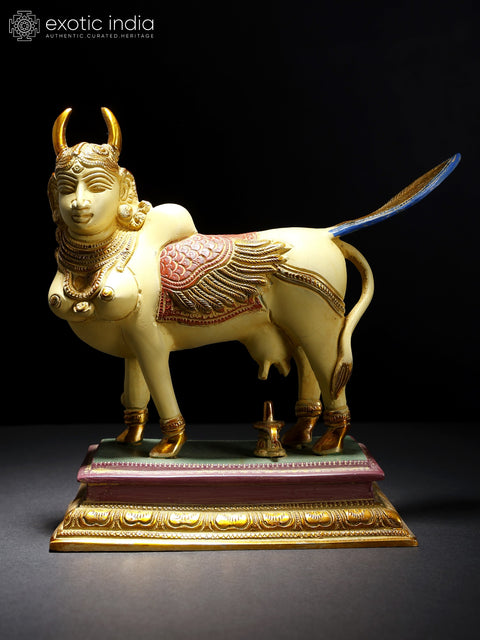 8" Colorful Kamadhenu Cow Doing Abhisheka of Shiva Linga with Her Milk | Brass Statue