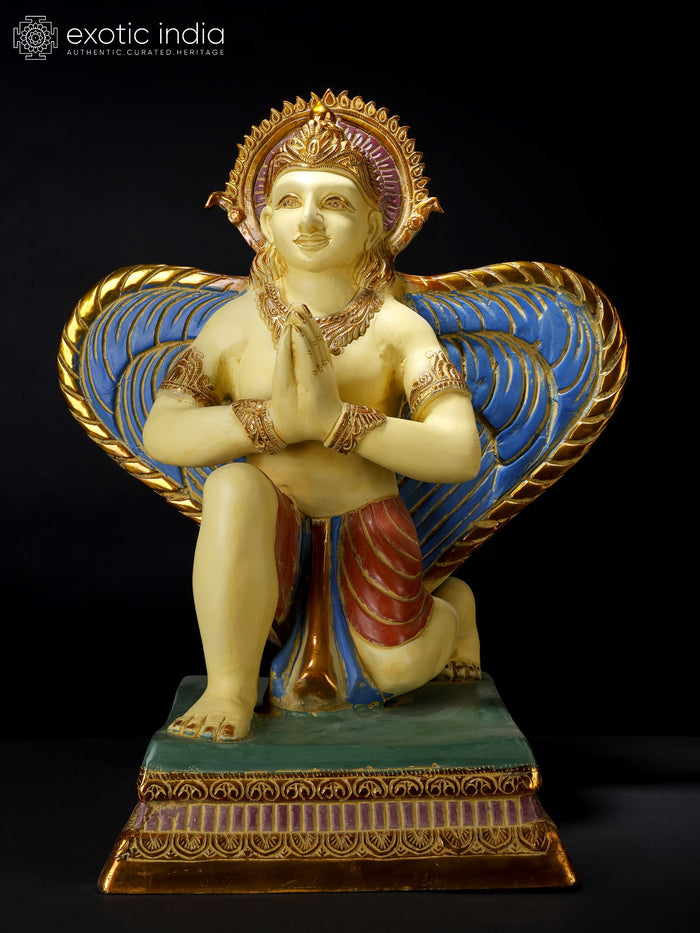 22" Colorful Namaskar Garuda Brass Idol with Majestic Wings