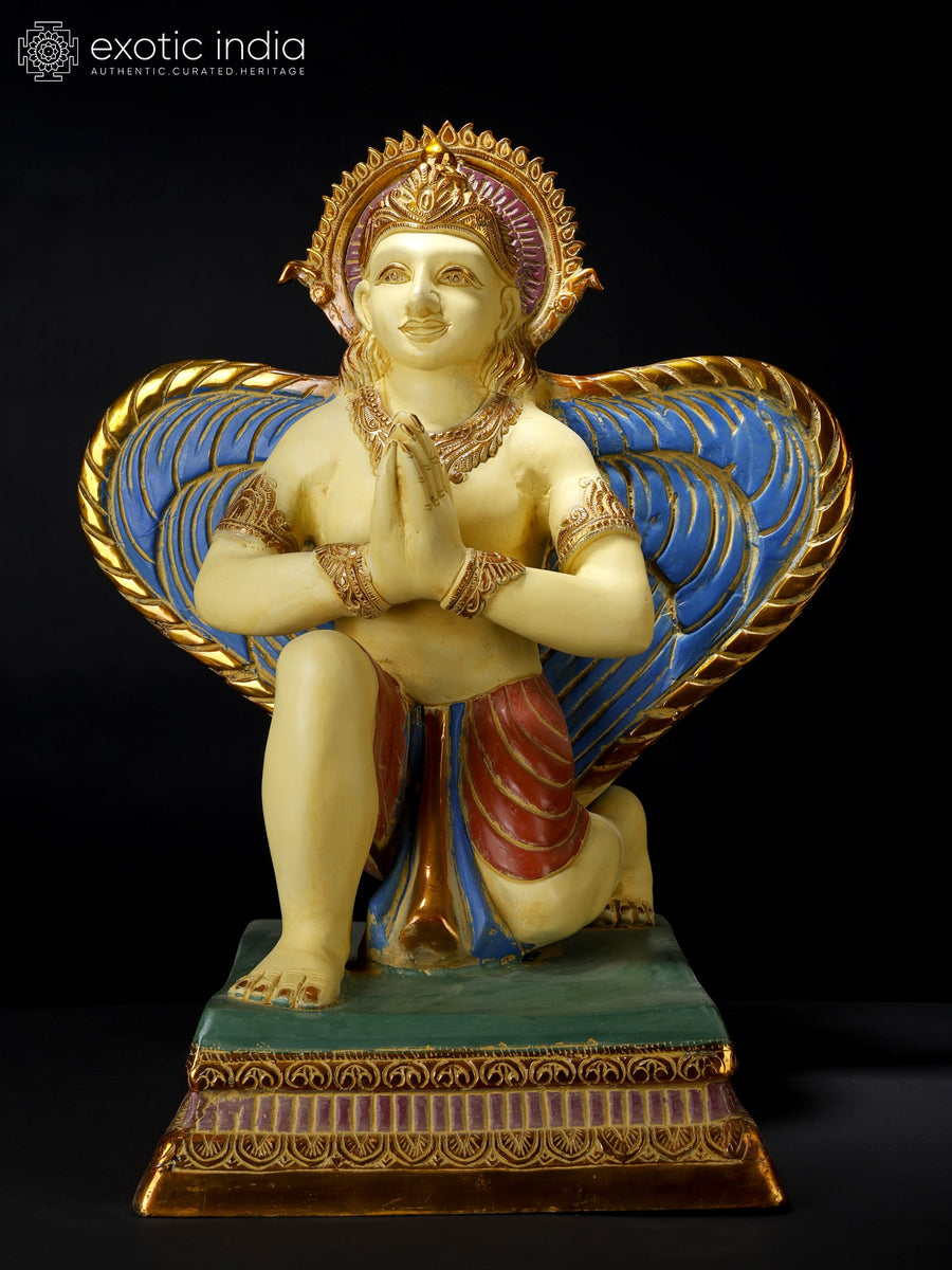 22" Colorful Namaskar Garuda Brass Idol with Majestic Wings