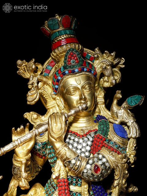 27" Venugopal Krishna with Cow | Brass Statue with Inlay Work