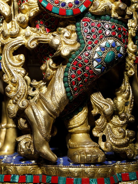27" Venugopal Krishna with Cow | Brass Statue with Inlay Work
