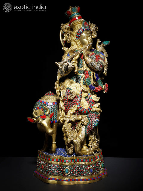 27" Venugopal Krishna with Cow | Brass Statue with Inlay Work