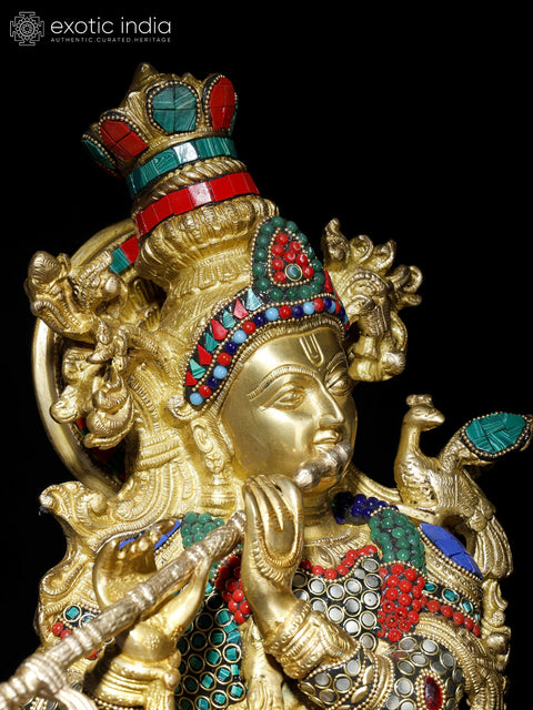 27" Venugopal Krishna with Cow | Brass Statue with Inlay Work