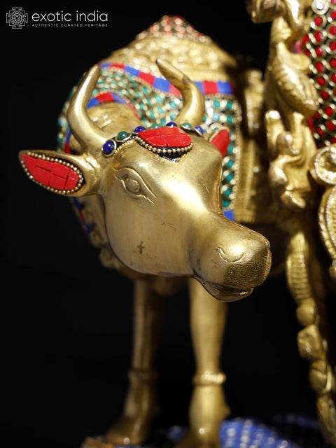 27" Venugopal Krishna with Cow | Brass Statue with Inlay Work