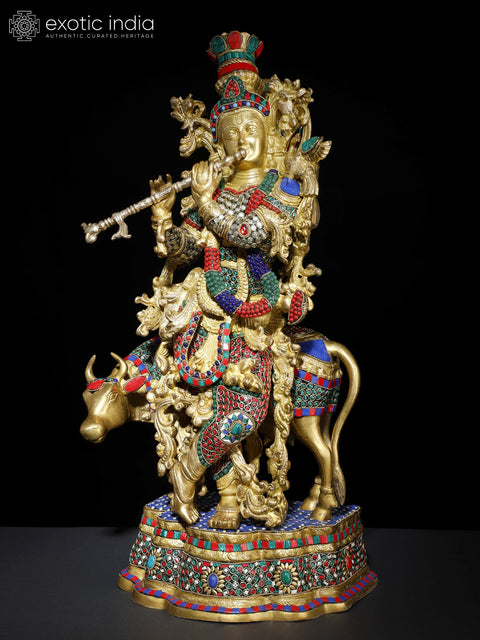 27" Venugopal Krishna with Cow | Brass Statue with Inlay Work