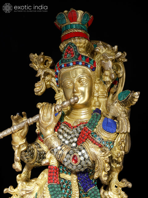 27" Venugopal Krishna with Cow | Brass Statue with Inlay Work