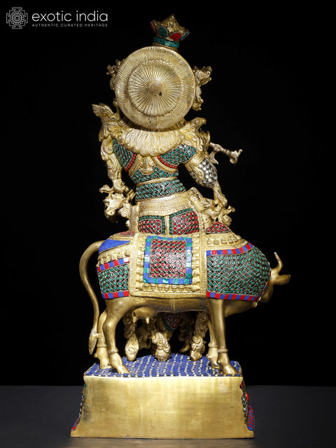 27" Venugopal Krishna with Cow | Brass Statue with Inlay Work