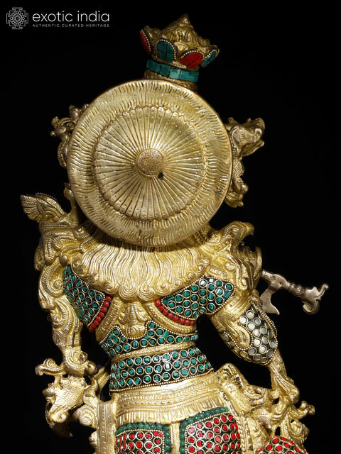 27" Venugopal Krishna with Cow | Brass Statue with Inlay Work