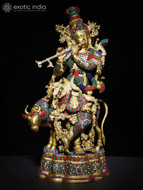 27" Venugopal Krishna with Cow | Brass Statue with Inlay Work
