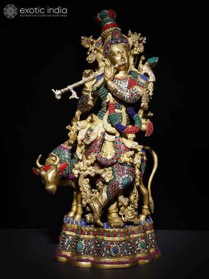 27" Venugopal Krishna with Cow Brass Statue Handmade Inlay Work