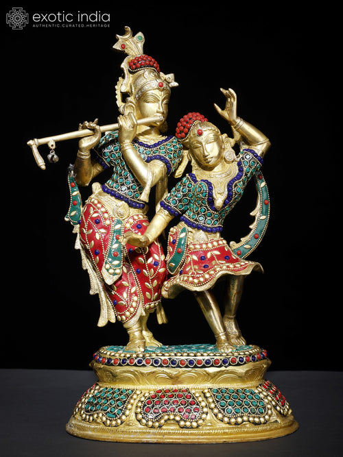 16" Radha Krishna Dancing Brass Statue with Inlay Work