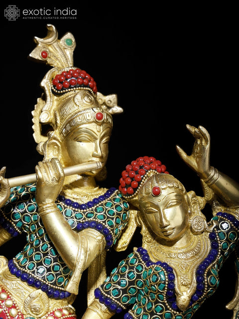 16" Radha - Krishna Engaged in Ecstatic Dance | Brass Statue with Inlay Work