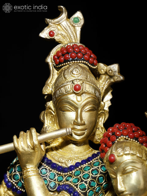 16" Radha - Krishna Engaged in Ecstatic Dance | Brass Statue with Inlay Work