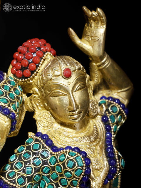 16" Radha - Krishna Engaged in Ecstatic Dance | Brass Statue with Inlay Work