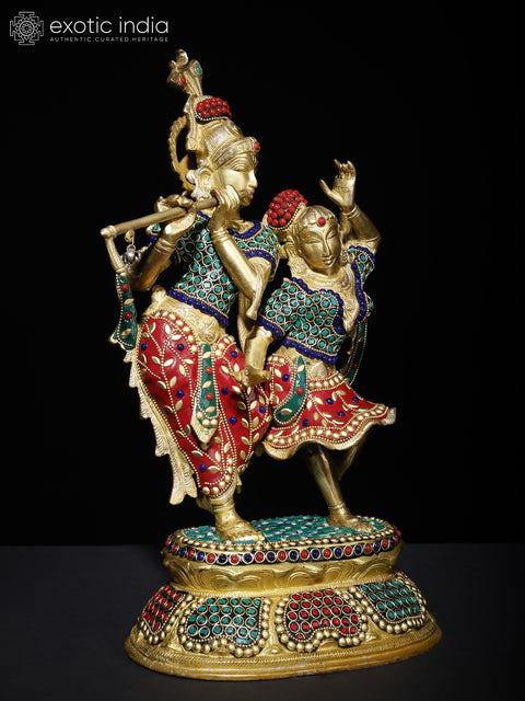 16" Radha - Krishna Engaged in Ecstatic Dance | Brass Statue with Inlay Work
