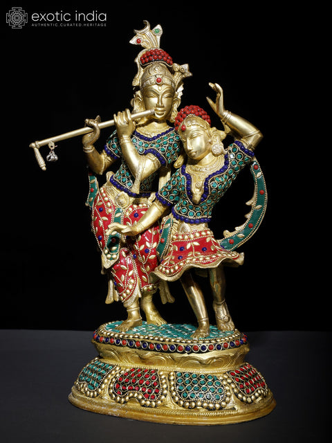 16" Radha - Krishna Engaged in Ecstatic Dance | Brass Statue with Inlay Work