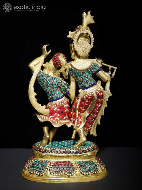 16" Radha - Krishna Engaged in Ecstatic Dance | Brass Statue with Inlay Work