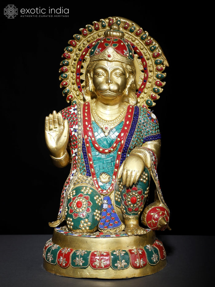 19" Blessing Lord Hanuman Brass Statue with Inlay Work