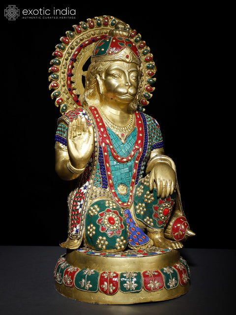 19" Blessing Lord Hanuman | Brass Statue with Inlay Work