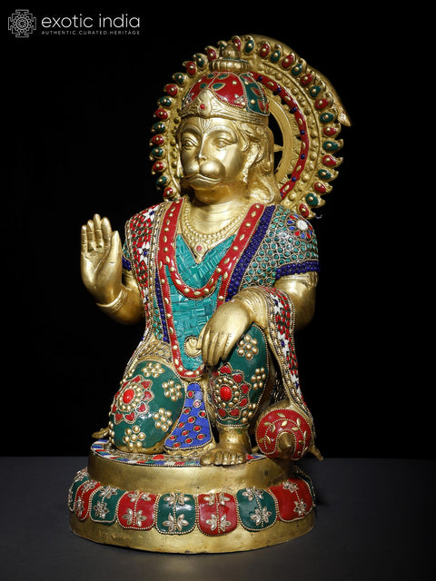 19" Blessing Lord Hanuman | Brass Statue with Inlay Work